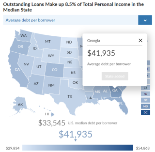 Screenshot of the Pew Charitable Trusts' map of the average debt per borrower in the United States. 