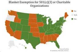 Map of blanket exemptions for 501(c)(3) or charitable organizations.