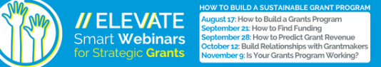 Advertisement Elevate, Smart Webinars for Strategic Grants with a schedule of upcoming webinars.