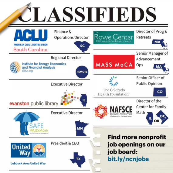 Mock-up of a Classified Ad with nine nonprofit jobs and their locations.