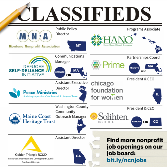 Classifeds ad with nine jobs listed for nonprofits. 