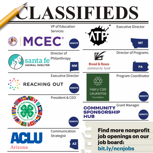 Classifeds ad with nine jobs listed for nonprofits. 
