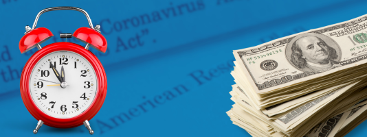 Image of an alarm clock and a stack of money over a blue background of words pertaining to the American Rescue Plan Act.