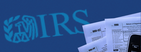 The digital IRS logo and an image of 990 forms. 