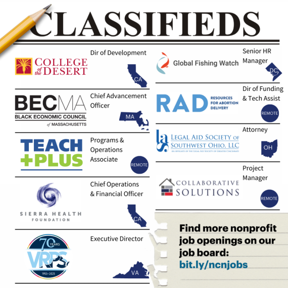 Mock-up of a Classified Ad with nine nonprofit jobs and their locations.