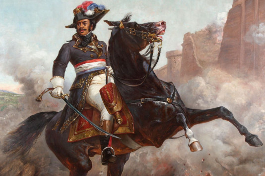 Painting of Alexandre Dumas Davy de la Pailleterie on a horse in battle.